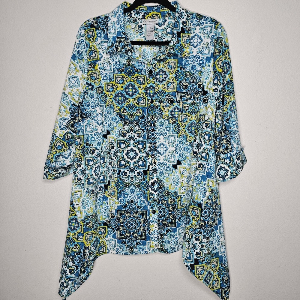 Catherines Womens 0X Blue Button Up Shirt Floral Paisley Bold‎ Artsy Top